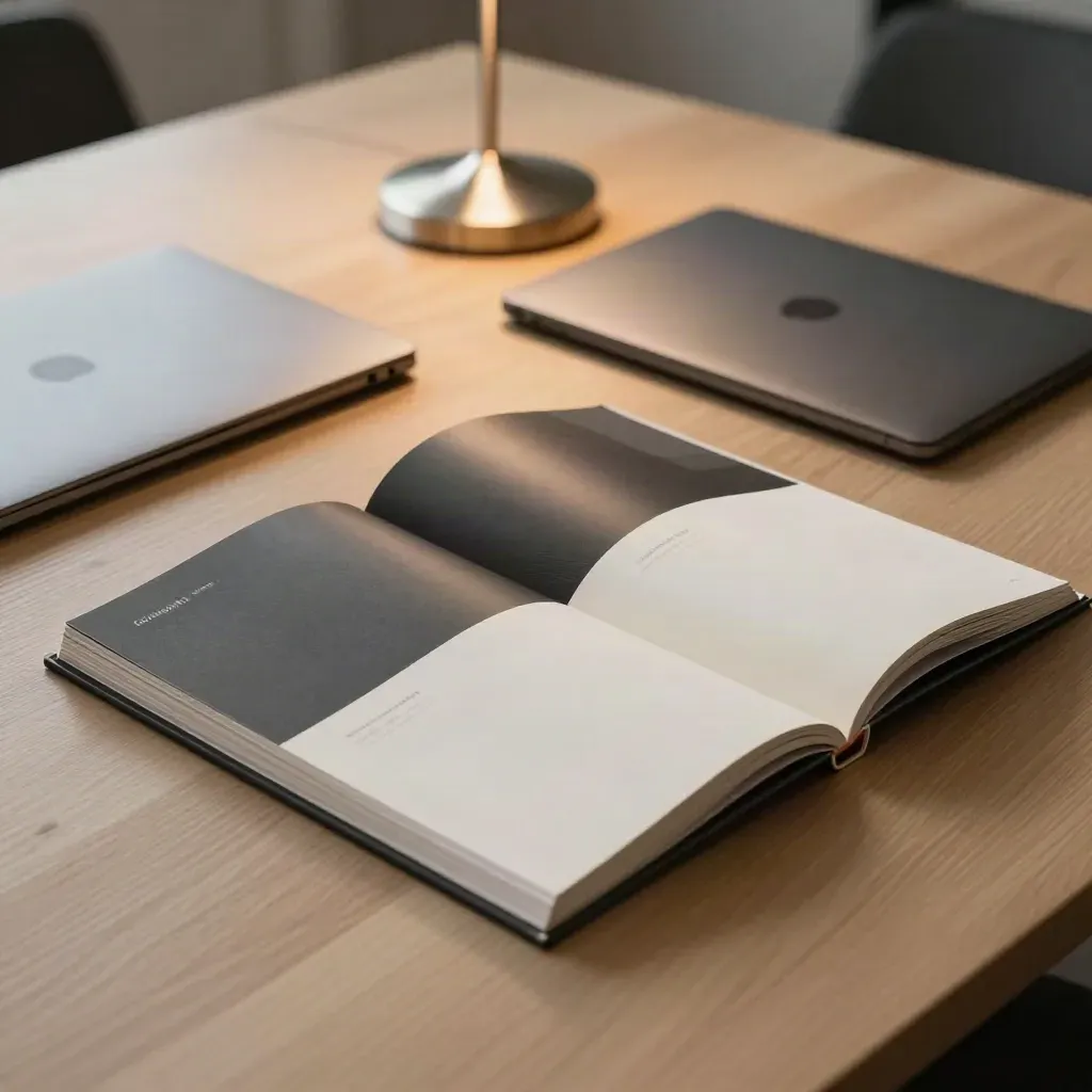 Open investor deck on a stylish studio table with lamp, laptop shell, and presentation box