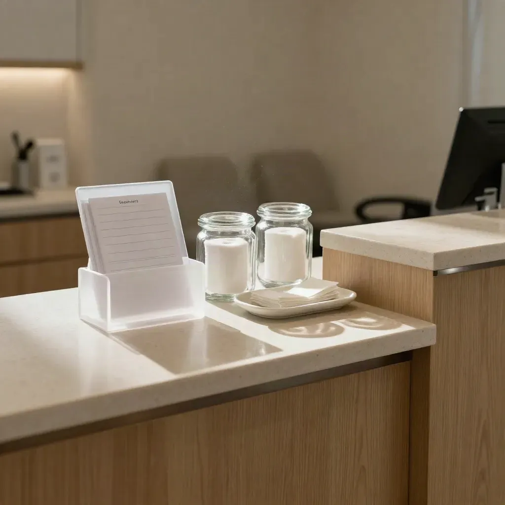 Serene dental clinic reception ledge with acrylic stand, blank cards, jars and pale oak