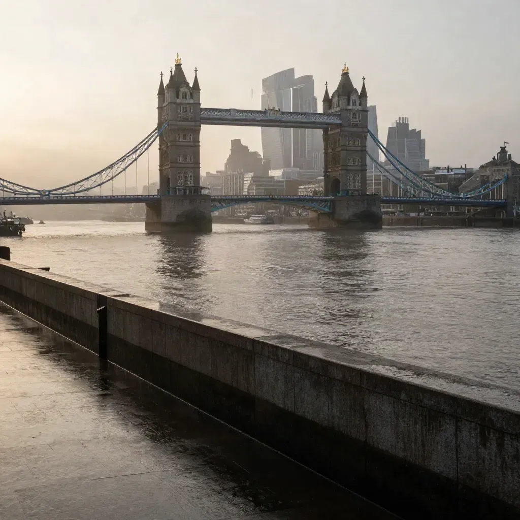 Tower Bridge and London skyline above a misty Thames at dawn, with calm river space below.