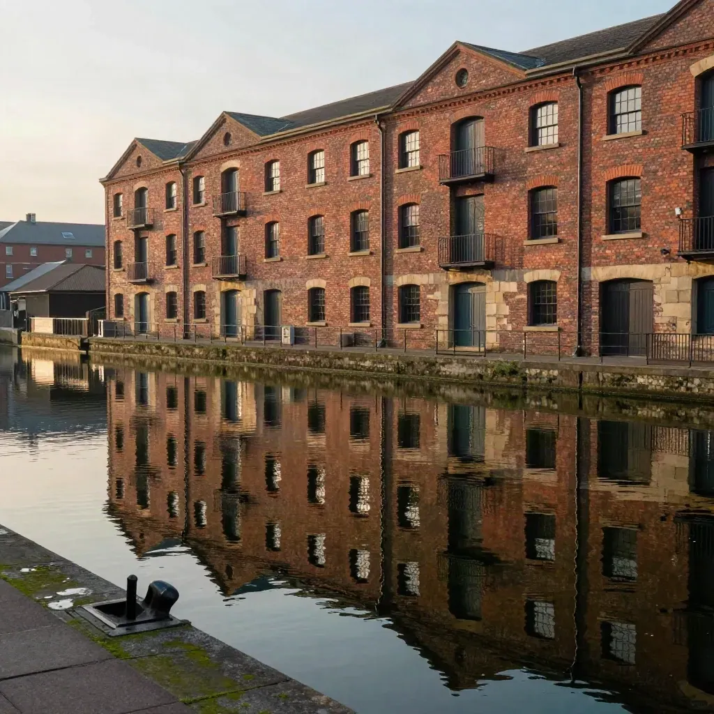 Birmingham canal warehouses glow at golden hour over calm reflective water.