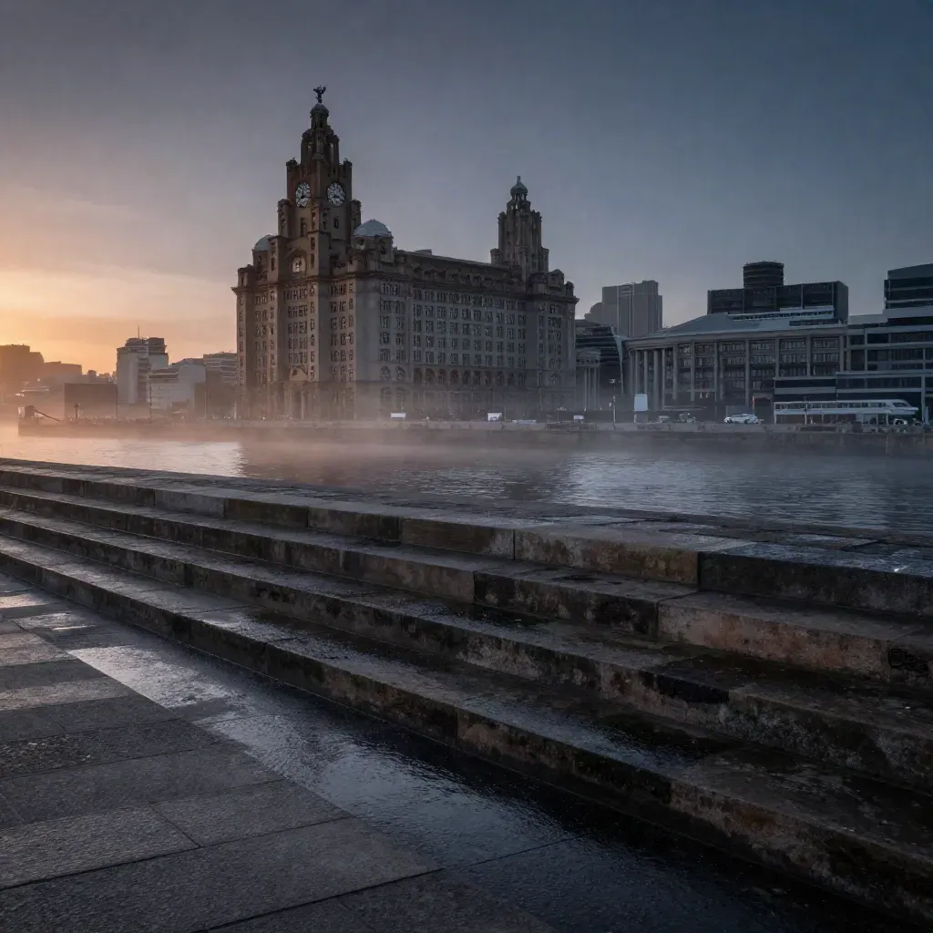 Liverpool waterfront with the Royal Liver Building high above calm misty water at blue hour